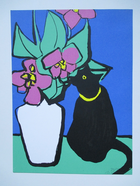 Onbekend, zeefdruk, poes met bloemen kopen? Bied vanaf 20!