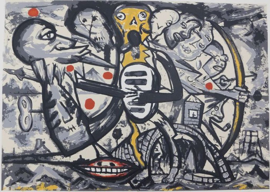 Fred Bervoets - - Kleurenlitho - Zelfportret met pijp  kopen? Bied vanaf 110!