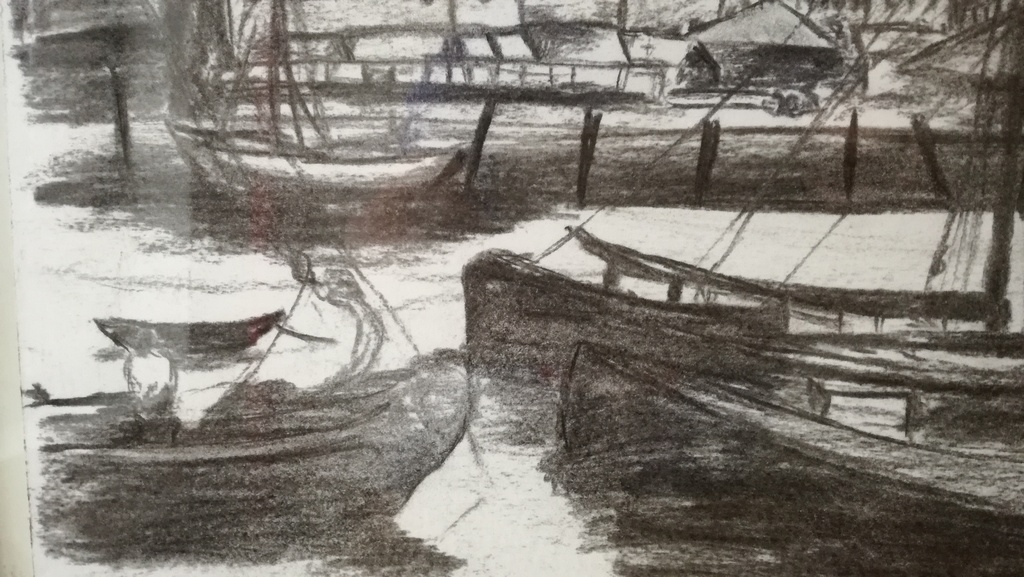 Onbekend kunstenaar, Houtskool op papier,  Havenzicht Antwerpen ca 1880 kopen? Bied vanaf 1!