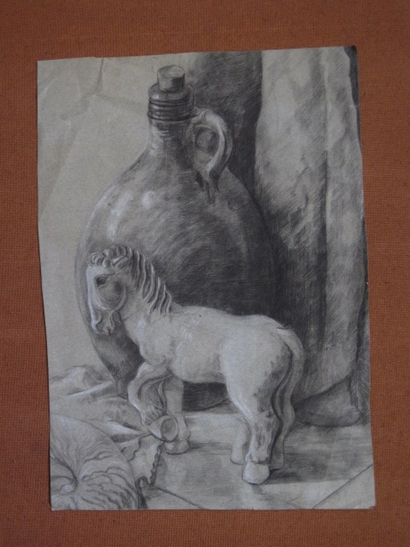 Fraai houtskool stilleven "Kruik en paard" van Frits Schiller  kopen? Bied vanaf 1!