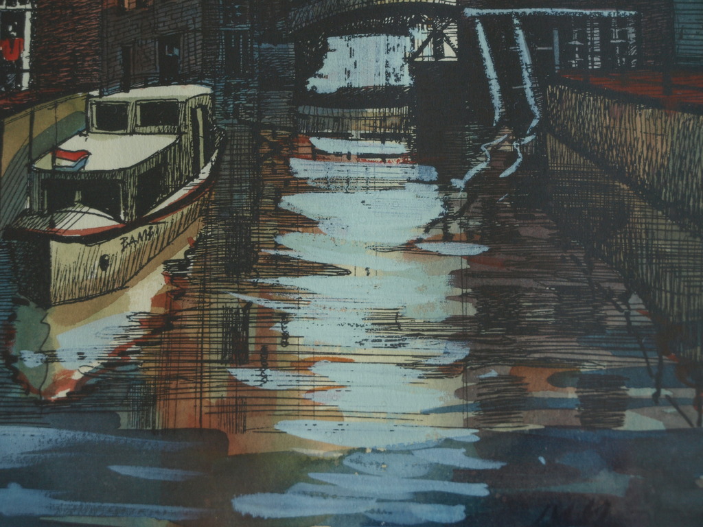 Onduidelijke signatuur : Gouache , Gracht in Amsterdam – ingelijst  kopen? Bied vanaf 35!