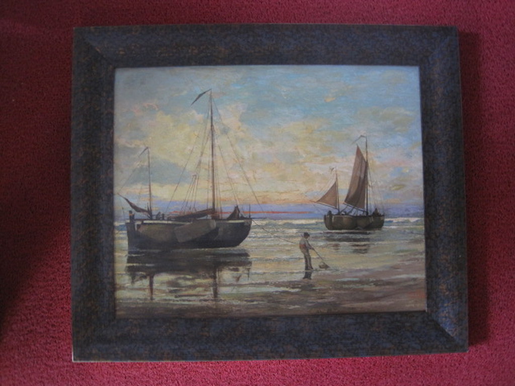 K.C. v Tilburg 1885-1961 "Botters Scheveningen bij zonsondergang" olieverf 1930 kopen? Bied vanaf 1!