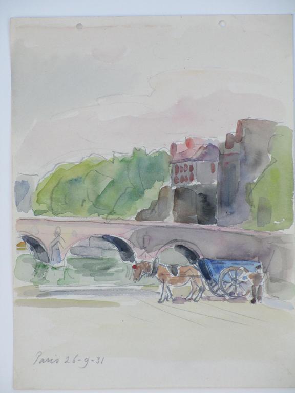 Han Krug, Paardenkar bij Parijse brug, Aquarel kopen? Bied vanaf 45!