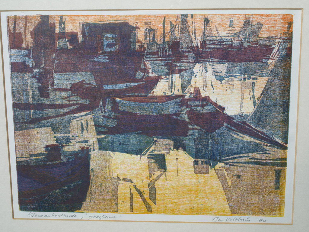 Jan Velthuis – Kleurenhoutsnede – Havengezicht - 1980 - Ingelijst - 66 x 51 cm verkocht voor € 50!