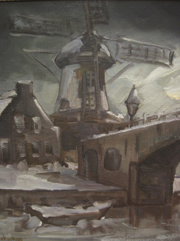 Mary Koekenbier (1942-) "winter in Alkmaar bij Molen van Piet" groot olieverf ! kopen? Bied vanaf 1!