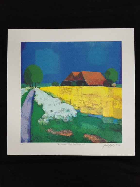 Jentsje Popma, zeefdruk op papier, Titel: koolzaadveld met fluitekruid kopen? Bied vanaf 75!