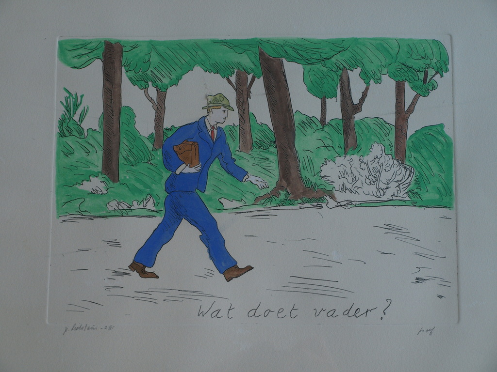 Pieter Holstein : Ingekleurde ets – Wat doet vader? – ingelijst – ca 1975 verkocht voor € 61!
