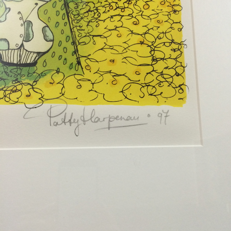 Patty Harpenau, zeefdruk met lijst, titel: Zondag kopen? Bied vanaf 50!