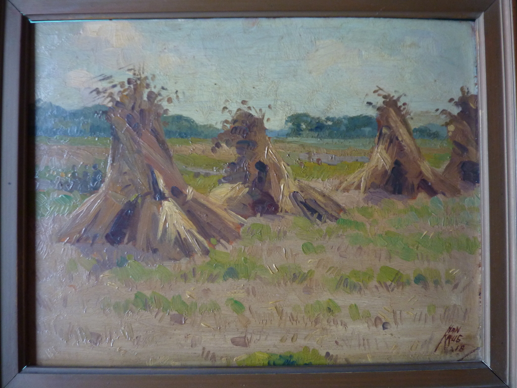 HAN KRUG olieverf op paneel "Korenschoven" 1918 verkocht voor € 75!
