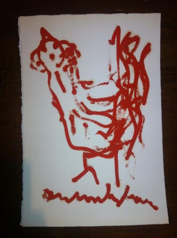 Anton Heyboer, Schildering op handgeschept papier, Kip in rood kopen? Bied vanaf 200!