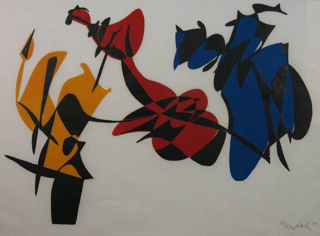Onbekend gesigneerd: Zeefdruk, Compositie met 3 figuren voor Prent 190 kopen? Bied vanaf 1!