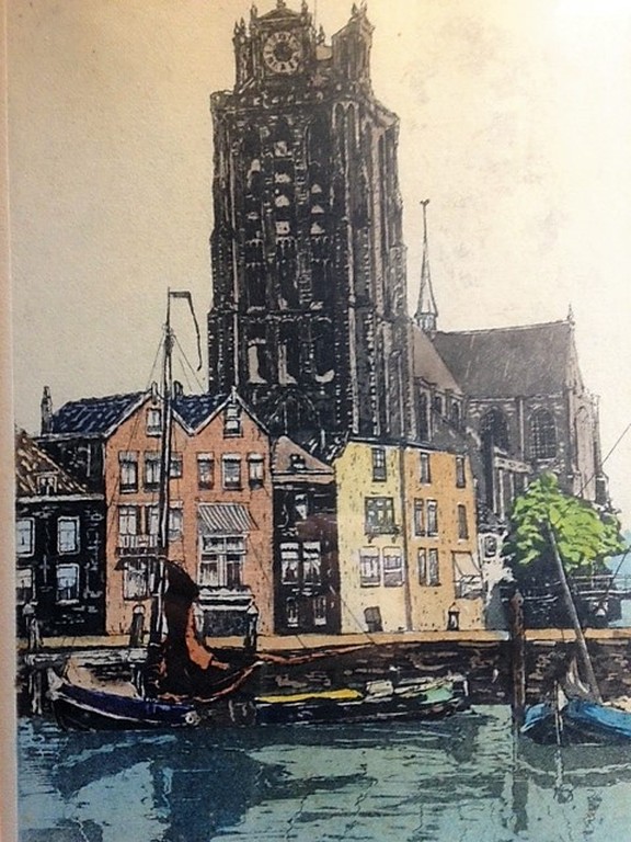 Marinus de Jongere (1912-1977), ingekleurde ets, Grote kerk Dordrecht verkocht voor € 55!