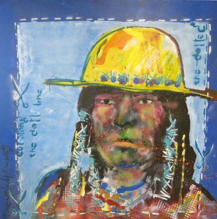 Espen Hagen: Acryl op doek, Cut along the dott line (zeer groot) verkocht voor € 750!