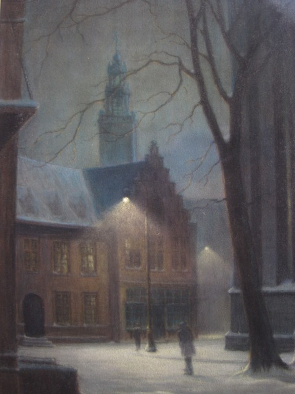 Sfeervol oud ca. 1900 pastel "Amsterdam winteravond Oudekerksplein" gesigneerd  kopen? Bied vanaf 1!