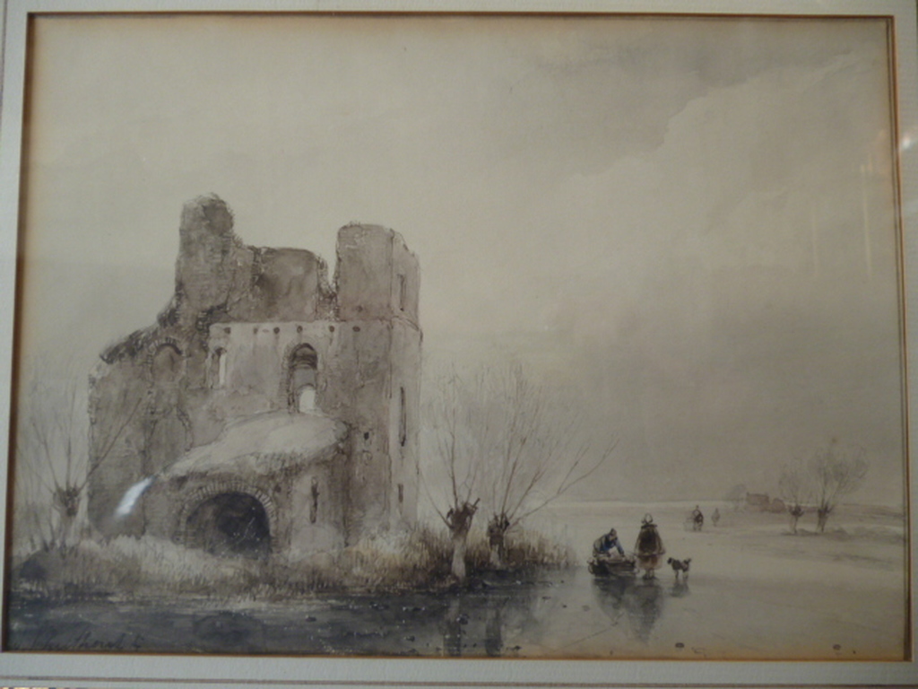 Andreas Schelfhout - aquarel - Ruïne bij bevroren waterloop met personen verkocht voor € 850!