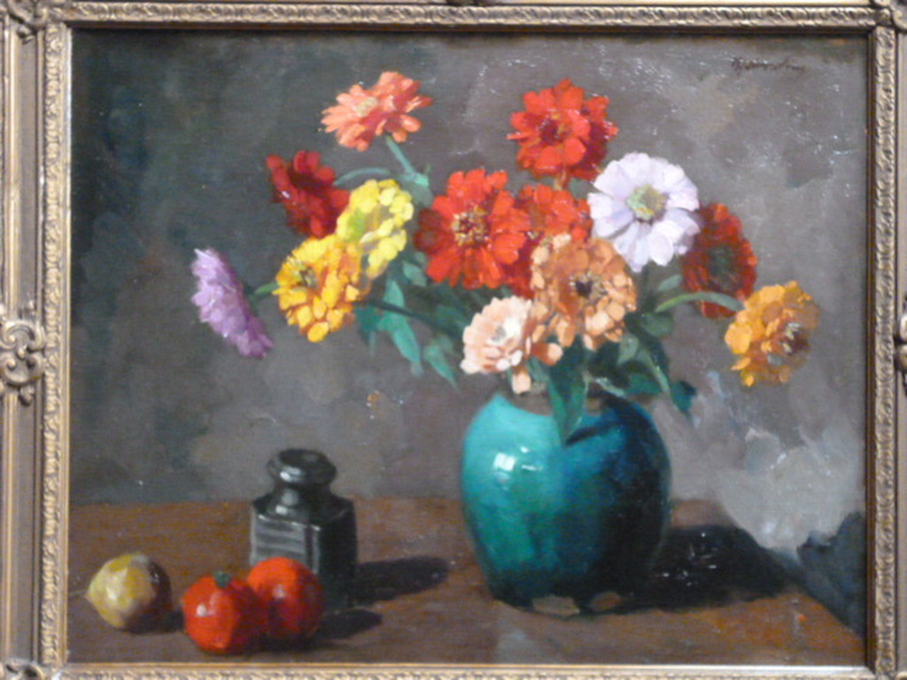 Hendrik Jan Wesseling - olieverf - Dahlia's in groene vaas verkocht voor € 175!