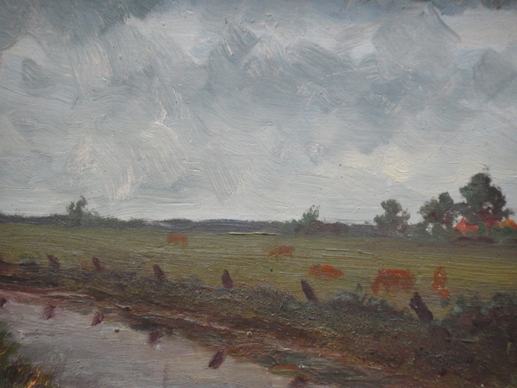 Hollandse school: olieverf op paneel, hollands polderlandschap met koeien in wei verkocht voor € 35!