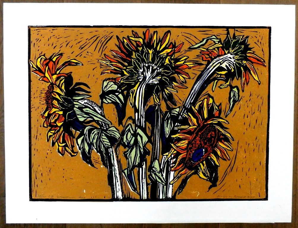 Marja de Raadt - linosnede: Zonnebloemen - 1993 kopen? Bied vanaf 55!