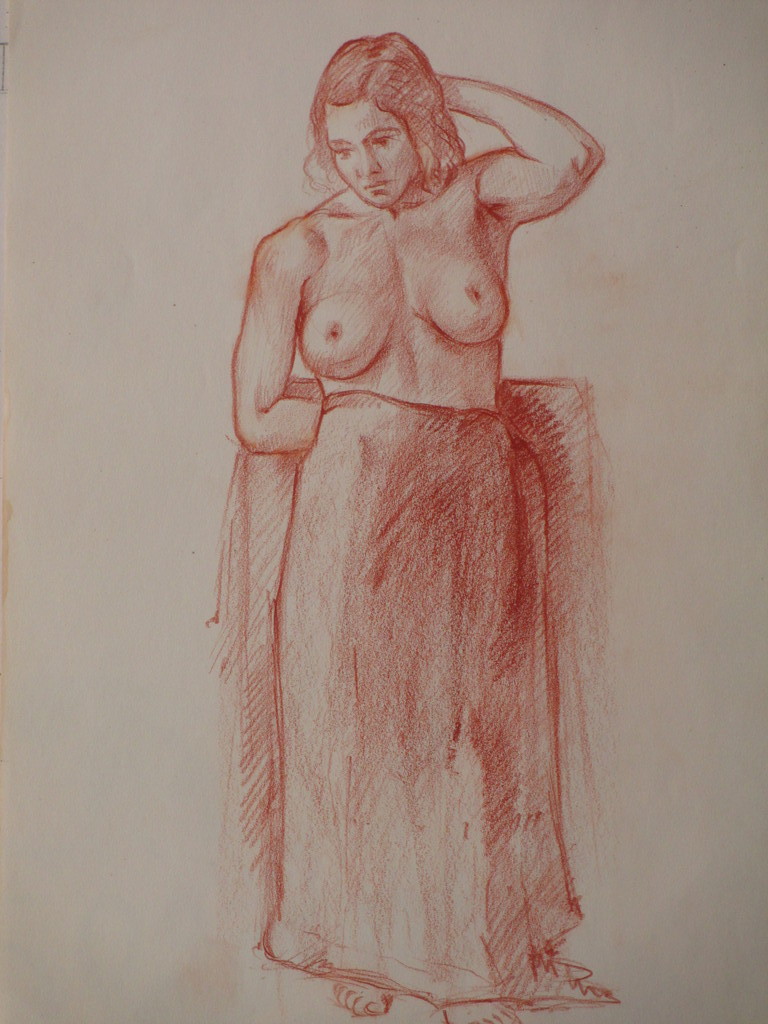 Onbekend, Staand naakt, Tekening in rood kopen? Bied vanaf 1!