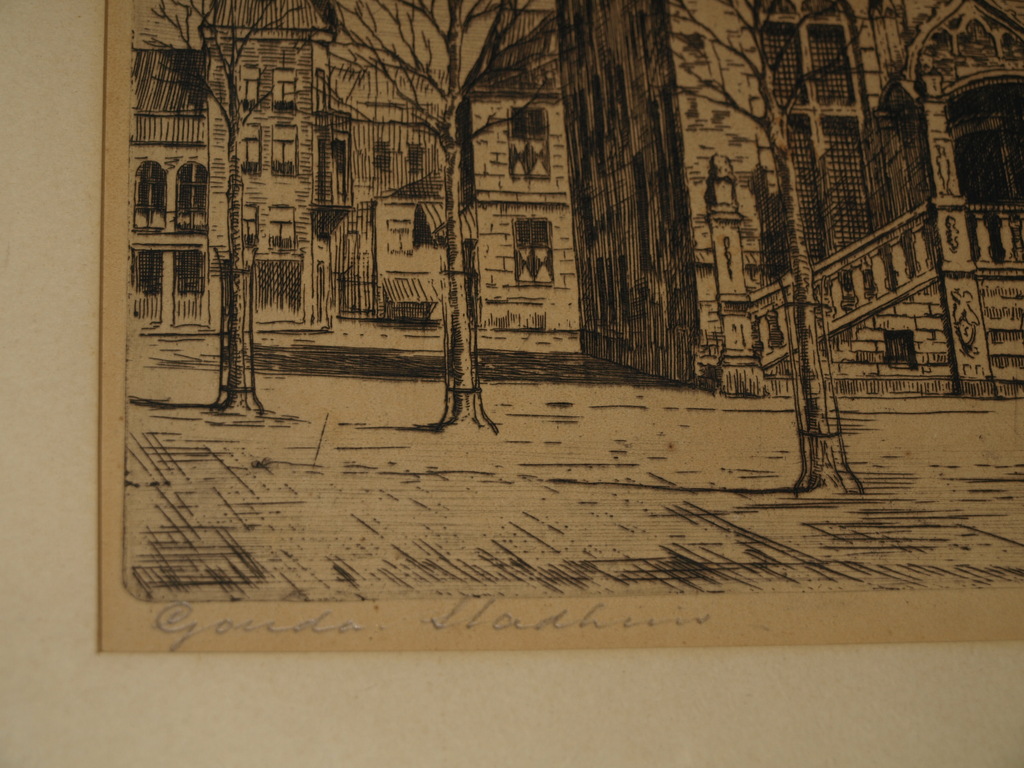 MARIUS JANSSEN (1885-1957) - Ets – Stadhuis Gouda–Gesigneerd & ingelijst–ca 1930 kopen? Bied vanaf 35!