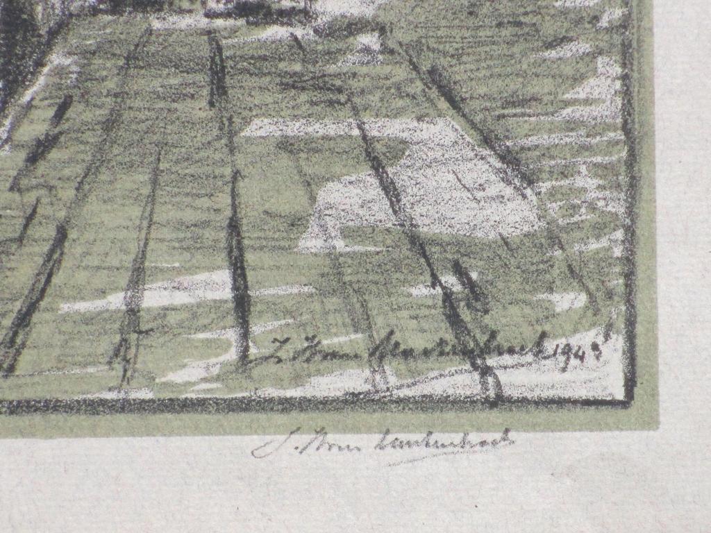 Johan van Mastenbroek, Grachtgezicht in stad, Litho in groen kopen? Bied vanaf 1!