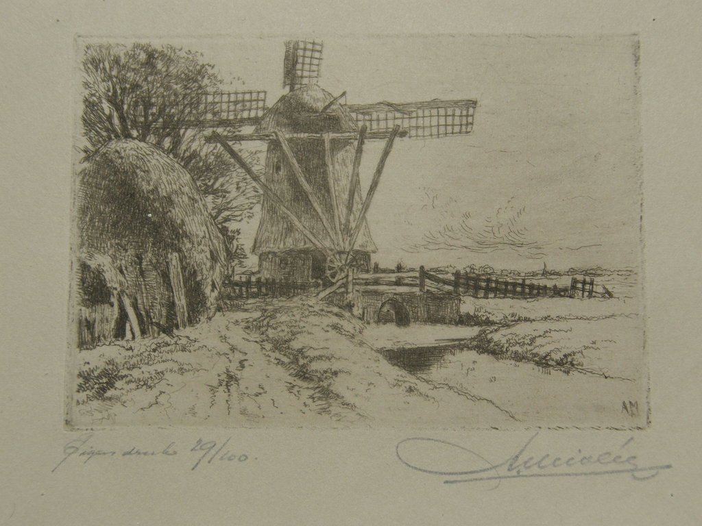 Adrianus Miolée: Droge Naald ets, eigen druk genum. 29/100, potlood gesigneerd verkocht voor € 40!