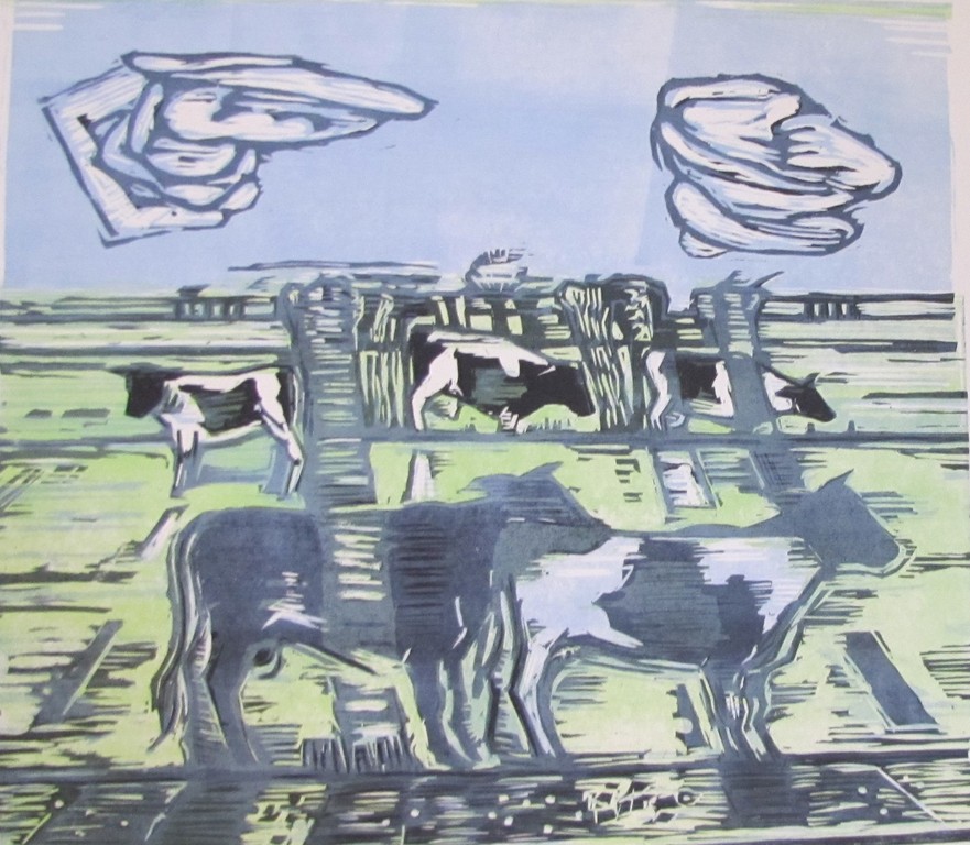 Luuk Scholten (1933), houtsnede, ''Landschap met koeien kopen? Bied vanaf 30!