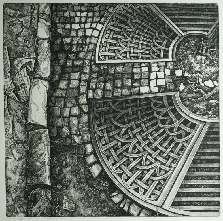 Anneke Kuyper : Ets - Trottoirs van Praag – gesigneerd – nr 1 van 35 ex. – 1977 verkocht voor € 65!