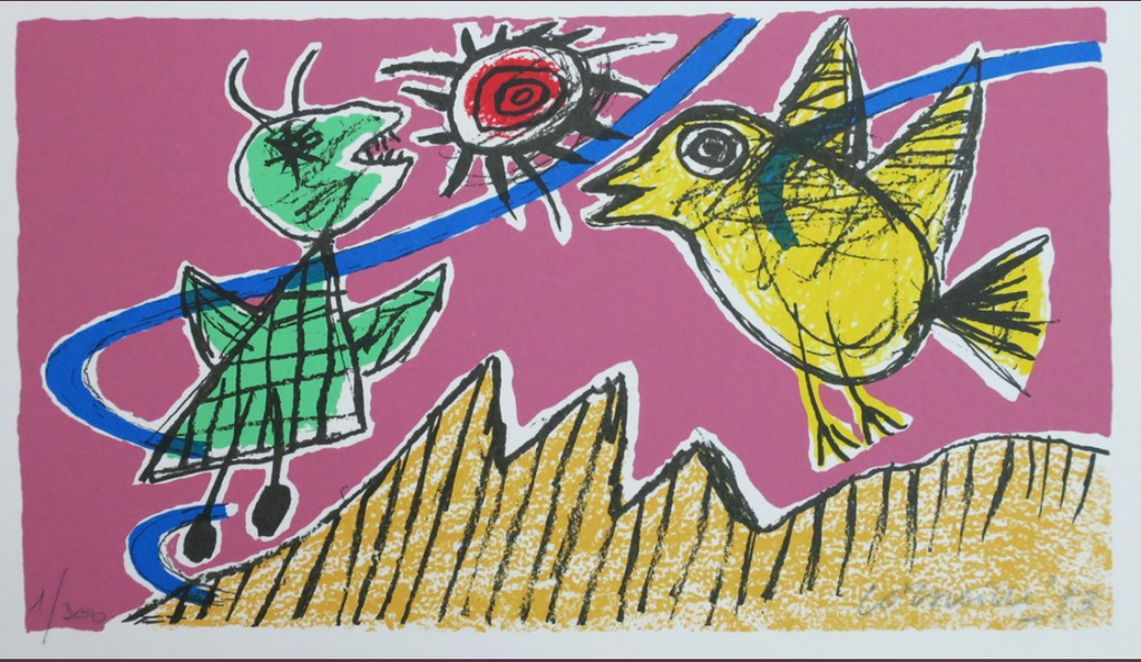 Corneille: Zeefdruk, Z.T. Groen figuur en gele vogel kopen? Bied vanaf 50!