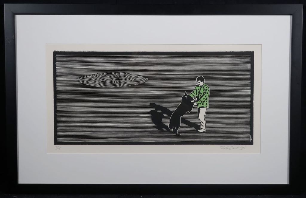 Pieter Becks: Houtsnede, Hond en ik II - Ingelijst kopen? Bied vanaf 20!