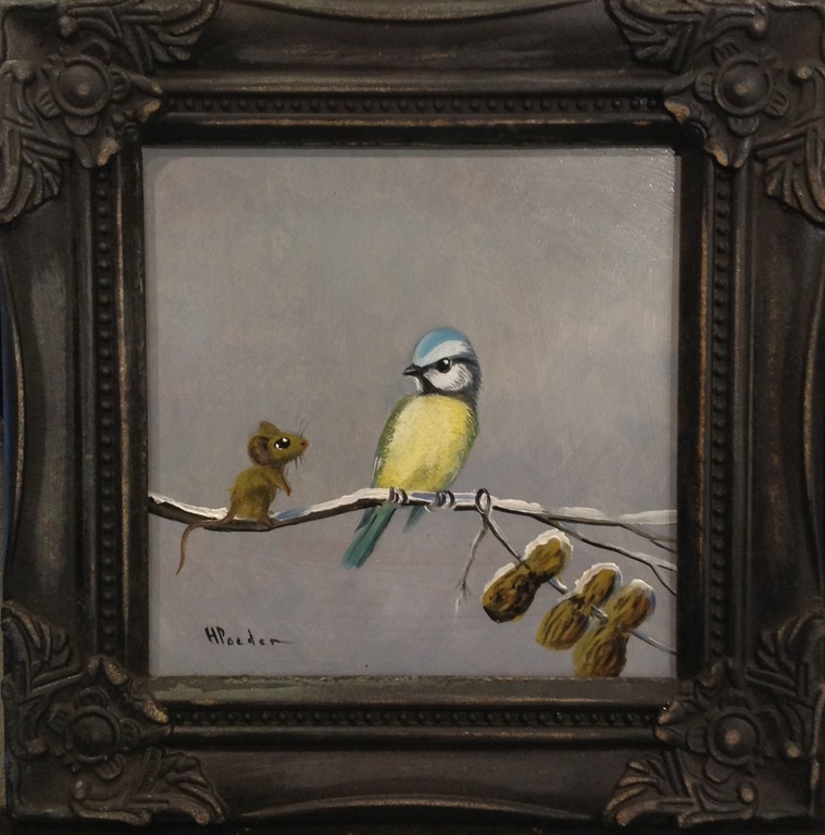 Henk Poeder, olieverf op paneel, pimpelmees en muisje op sneeuwtak verkocht voor € 85!