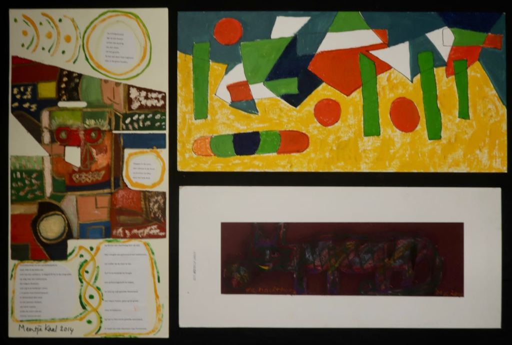 Lot met 3x olieverf en collage op stevig papier van Meertje Kaal verkocht voor € 45!