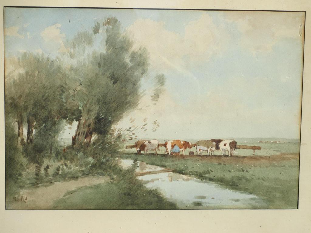 H.Endlich, Melkende boer in zonnig landschap, Aquarel verkocht voor € 50!