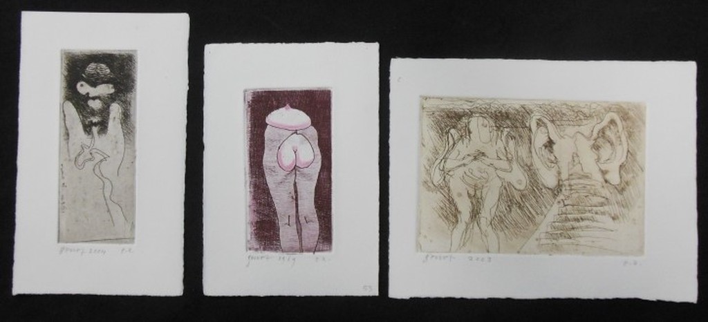 Geurt van Dijk: 3x Ets, Surrealistische naakten verkocht voor € 35!