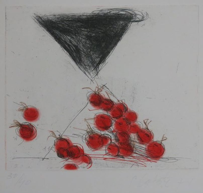 Ger Lataster: Ets en aquatint, Driehoeken met appels verkocht voor € 80!