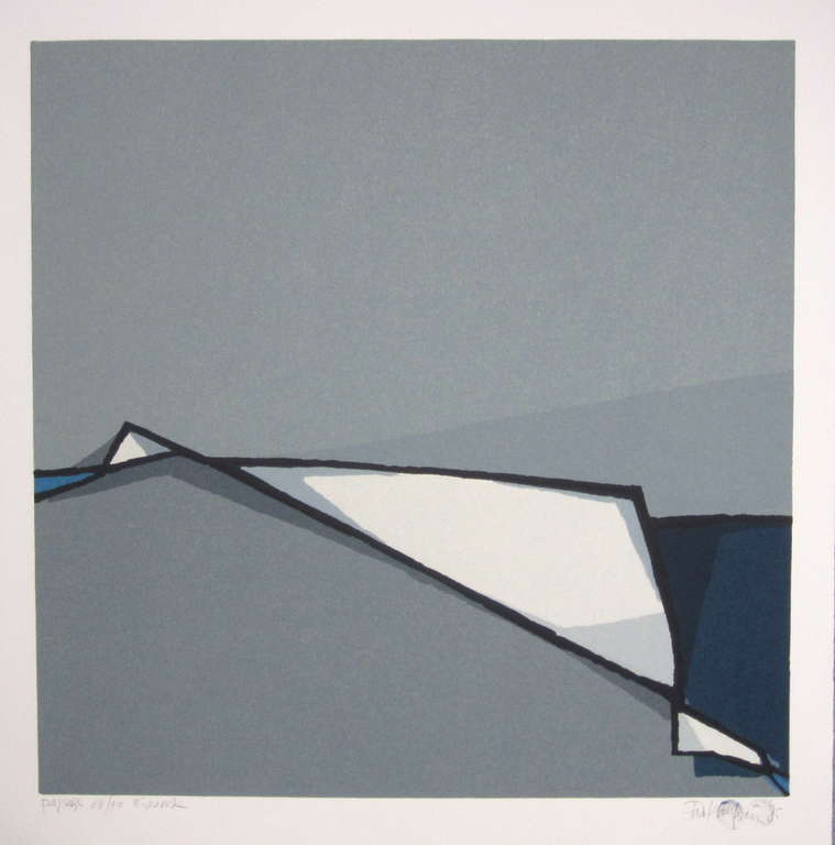 Fon Klement, boardsnede uit 1985 titel: Paysage. beeldformaat 50 x 50 cm.  kopen? Bied vanaf 125!