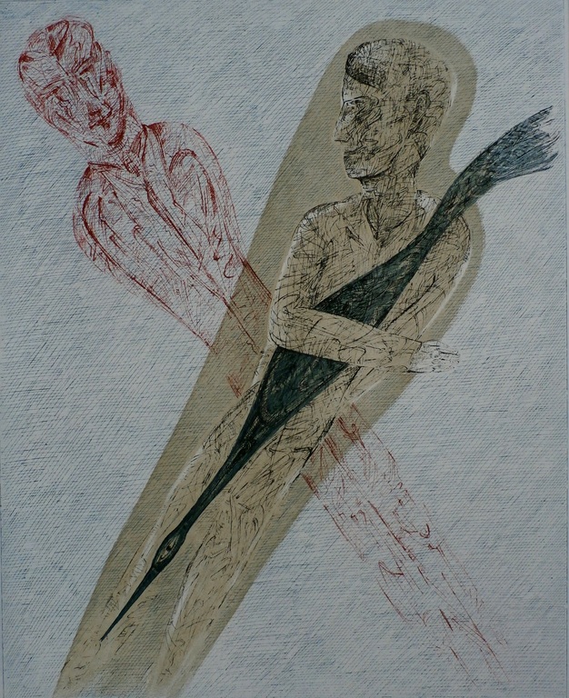 Kees Spermon - kleurenets: 2 figuren & vogel- 1982 verkocht voor € 35!