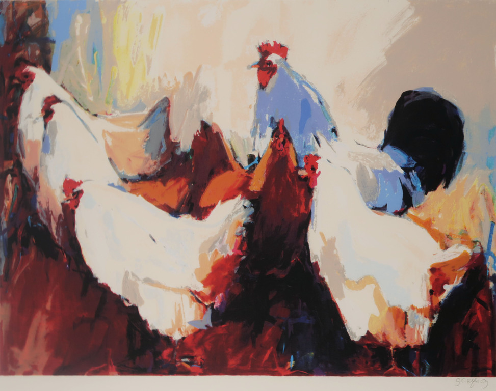 Gerda Elfring: Zeefdruk, Kippen - Ingelijst kopen? Bied vanaf 50!