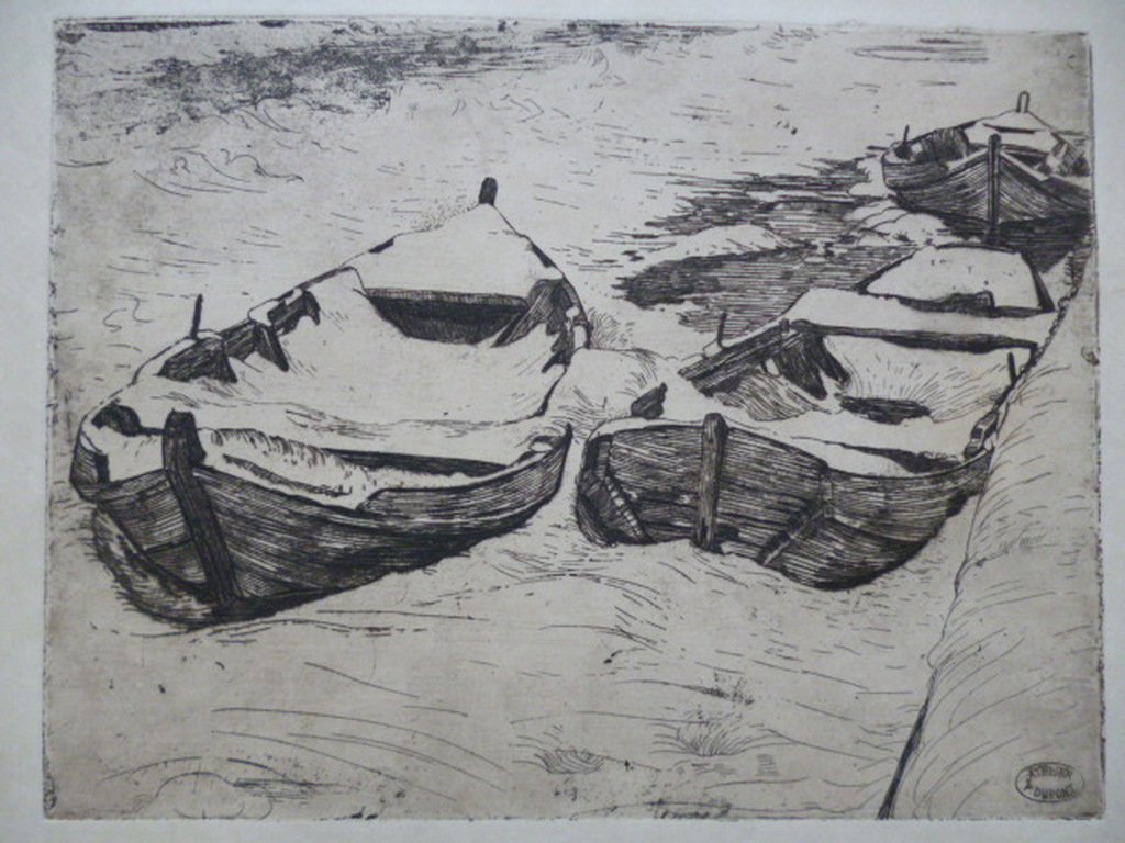 Pieter Dupont - ets - Booten in den winter verkocht voor € 70!