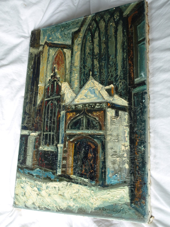 Onduidelijke signatuur: Olieverf op doek – Kerk in de sneeuw - 1959 - 66 x 45 cm kopen? Bied vanaf 50!