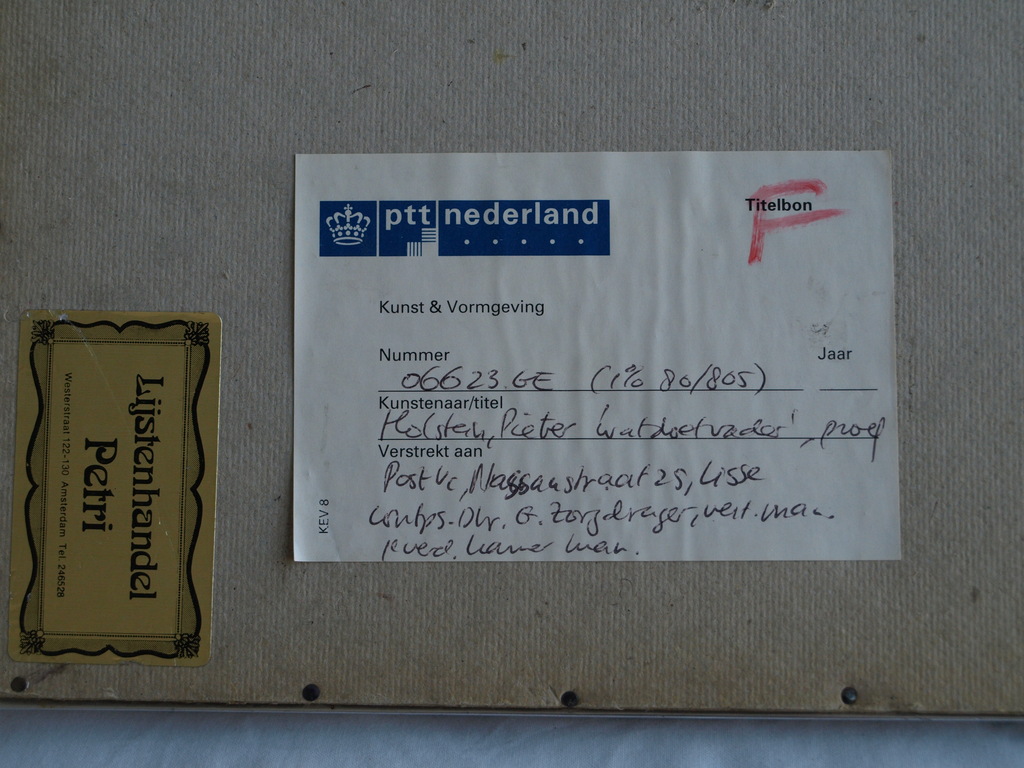 Pieter Holstein : Ingekleurde ets – Wat doet vader? – ingelijst – ca 1975 kopen? Bied vanaf 1!