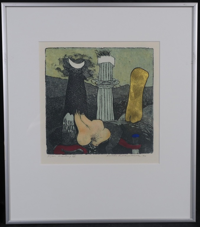 Michel van Overbeeke: Handgekleurde Ets met Bladgoud, Meeting III - Ingelijst kopen? Bied vanaf 60!