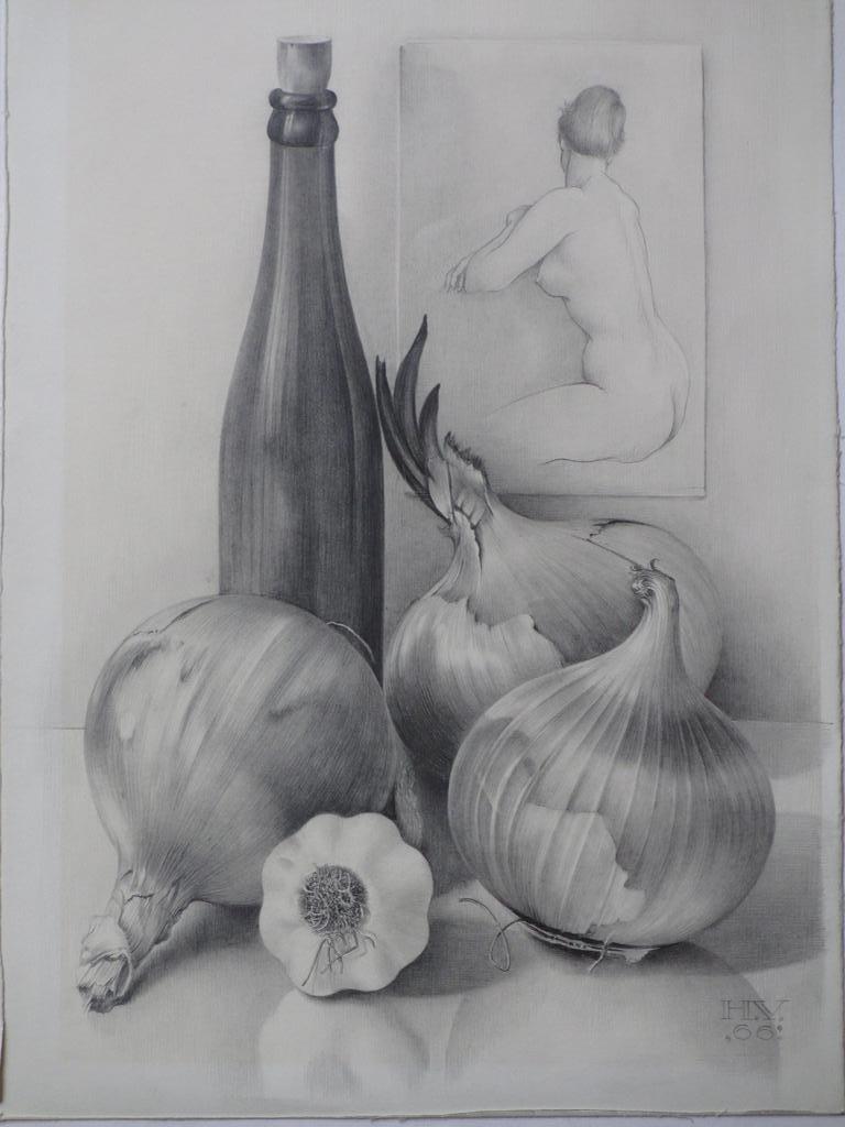Hendrik Voskuijl, Naakt in stilleven met ui en knoflook, Tekening verkocht voor € 50!
