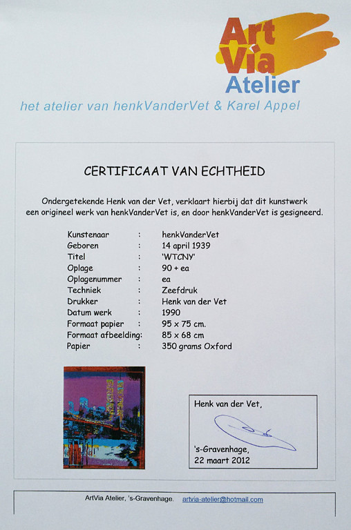 Laatste keer: Henk van der Vet - World Trade Center New York, zeefdruk (groot) kopen? Bied vanaf 90!