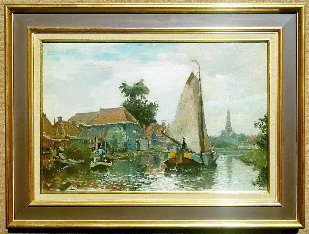 G. F. van Schagen - Dorpsgezicht met boten, olieverf op doek (mooi ingelijst) kopen? Bied vanaf 395!