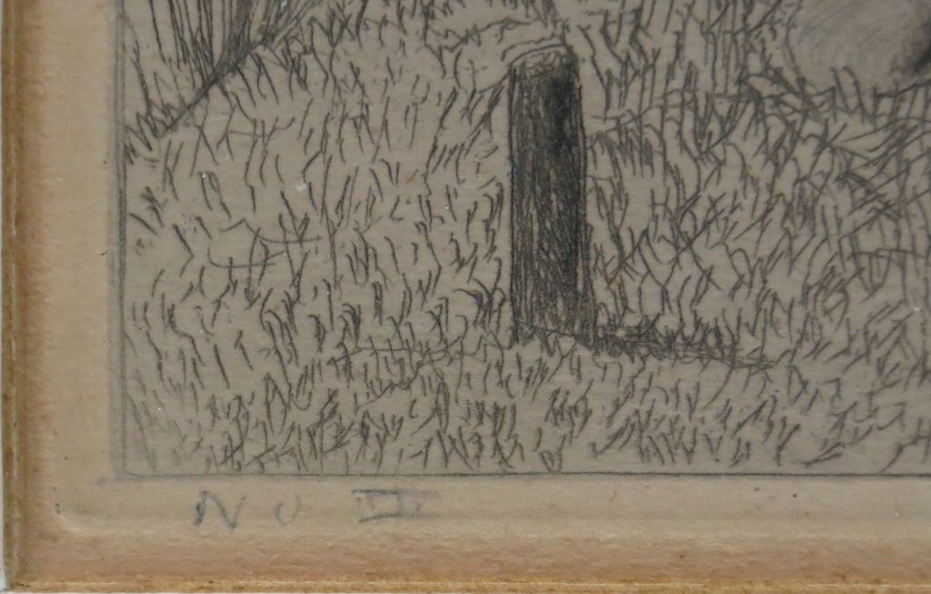 Onbekend gesigneerd: Ets, huisje met regenton -Ingelijst kopen? Bied vanaf 1!