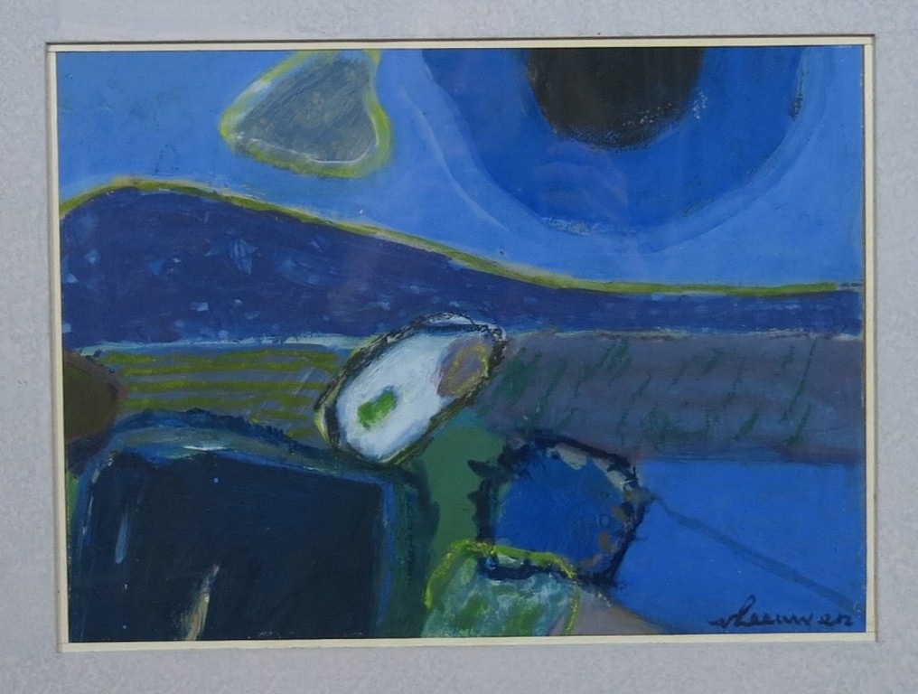 Wil van Leeuwen: Gouache, Abstract in blauwtinten - Ingelijst verkocht voor € 150!