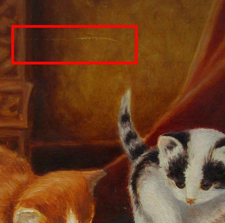 Kunstenaar onbekend: Acrylverfj, 2 kittens spelemd met een klosje garen kopen? Bied vanaf 20!