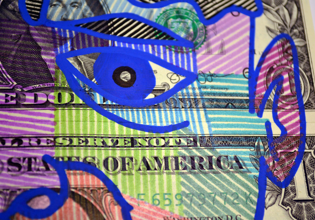 Hayden Kays: acrylverf op dollar biljetten, "Feeling a little Blue" kopen? Bied vanaf 485!