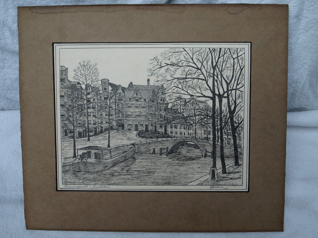 Oude pentekening – Brouwersgracht  Amsterdam – Gesigneerd kopen? Bied vanaf 1!